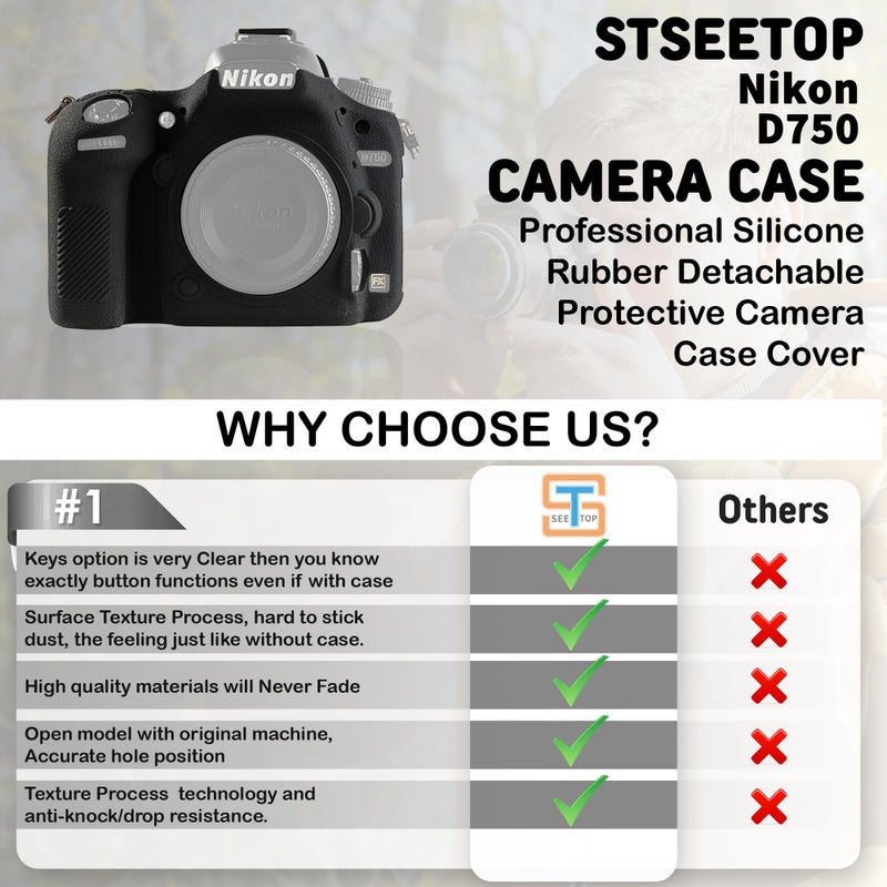STSEETOP Camera Case for Nikon D750 - Protective Silicone DSLR Skin Cover, Detachable Cage, Shockproof, Dustproof (Black) - Image 4